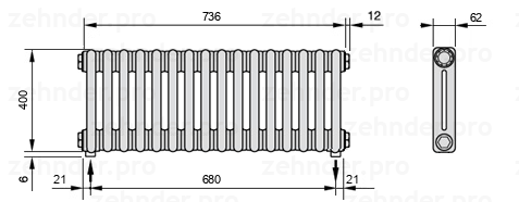 Схема (чертеж) Радиатор Zehnder Charleston 2040/16 №3570 Белый глянцевый RAL 9016